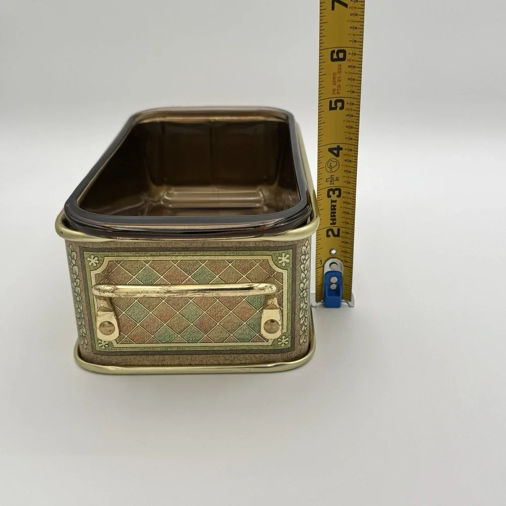 Vintage Pyrex 213 Fruit Harvest Amber Loaf Pan‎ w Metal Cradle 1.5 Qt